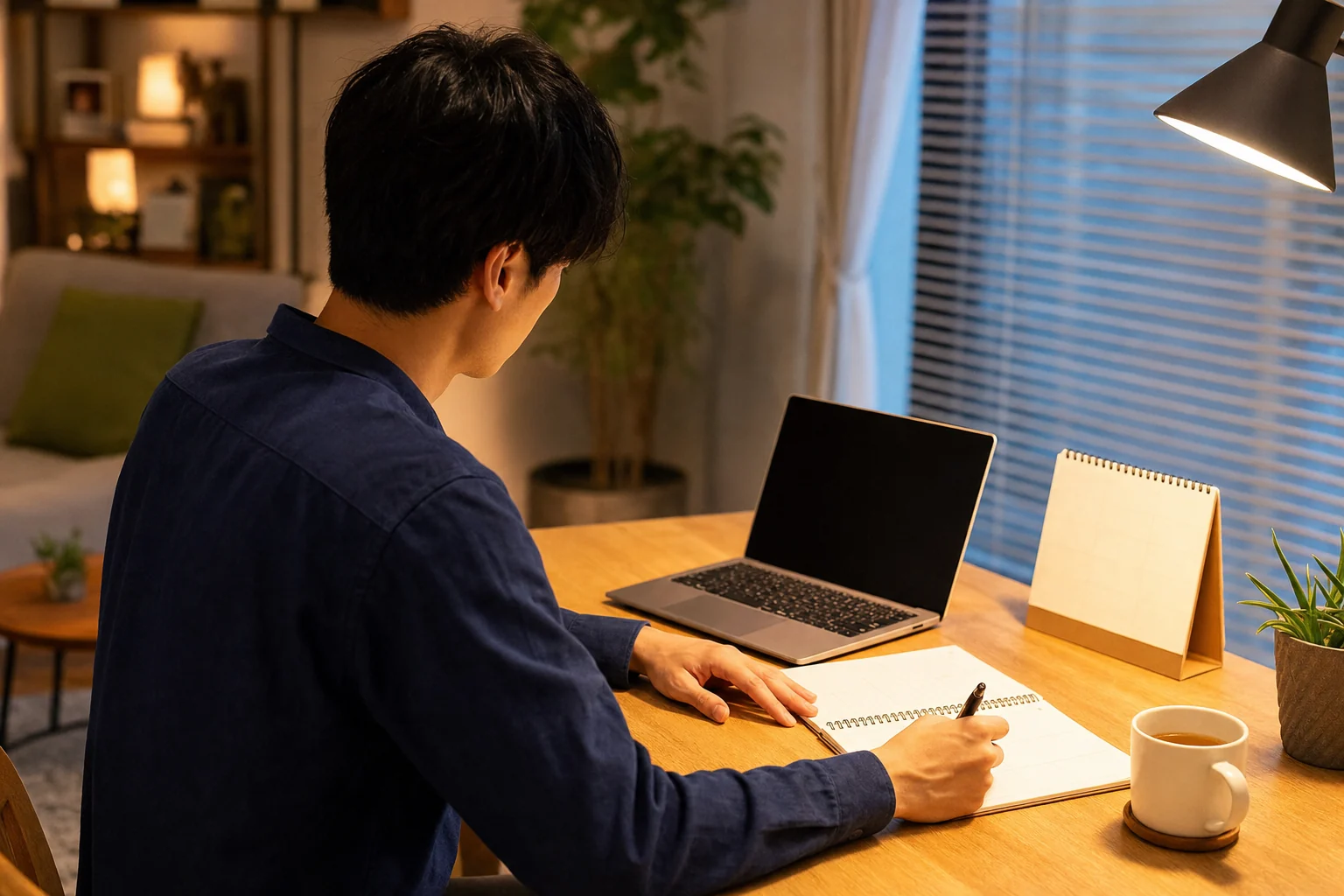 自宅でノートとカレンダーを使いながら転職活動を計画する人