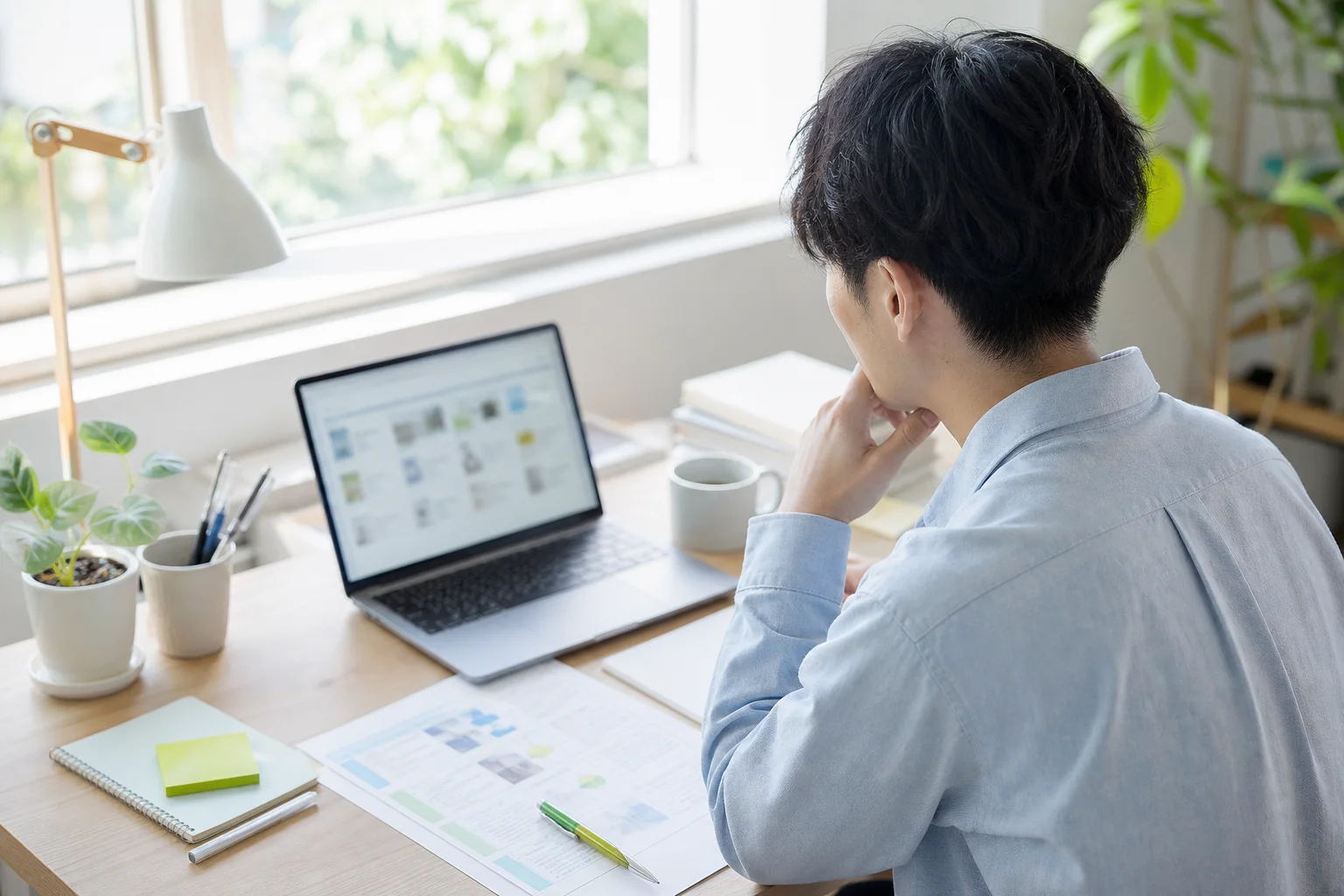 企業研究のために転職情報を調べる人物